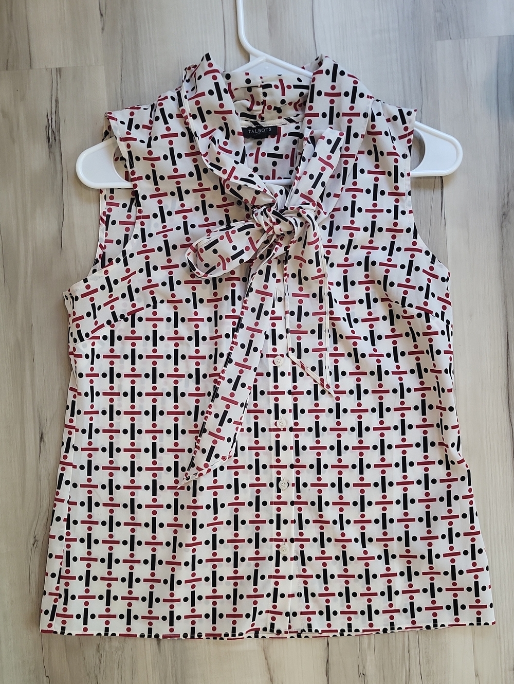 Talbots White Sleeveless Tie-Neck Camisole with Red & Black Geometric Print